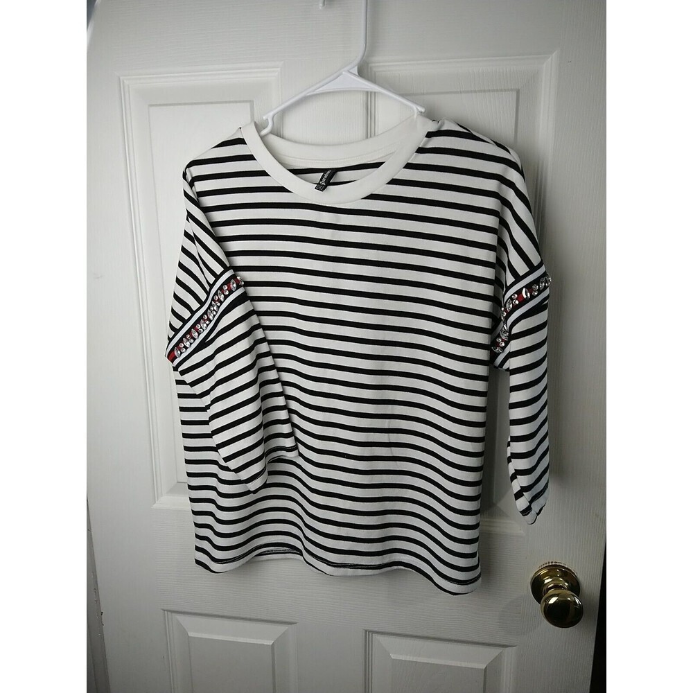 Black & White Striped Long Sleeve Tee with Embroidered Trim